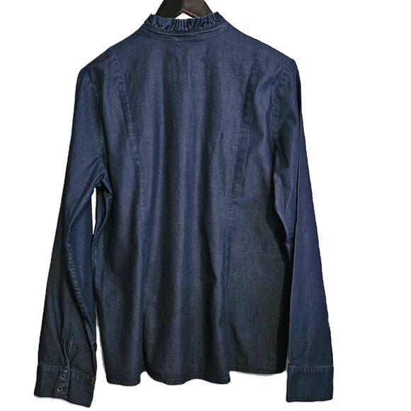 NWT GUESS Blue Denim Slim Line with Ruffle Button Down Long Sleeve Shirt Size XL - Picture 2 of 13